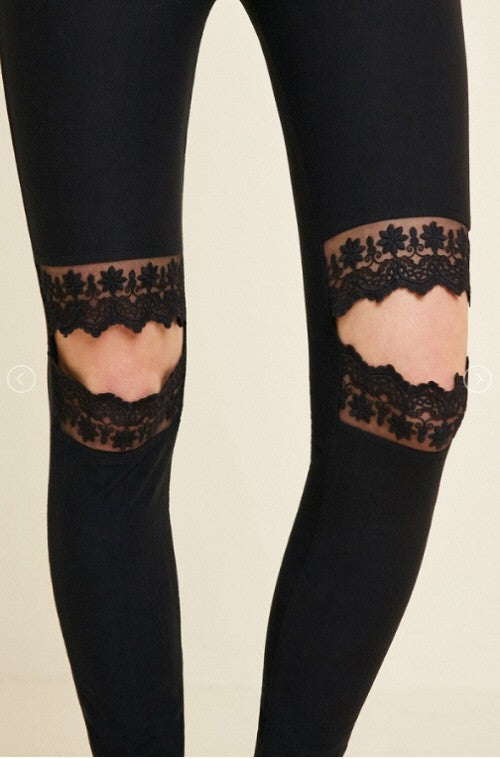 Damen Leggings mit Spitzen-Ausschnitten in Schwarz 3