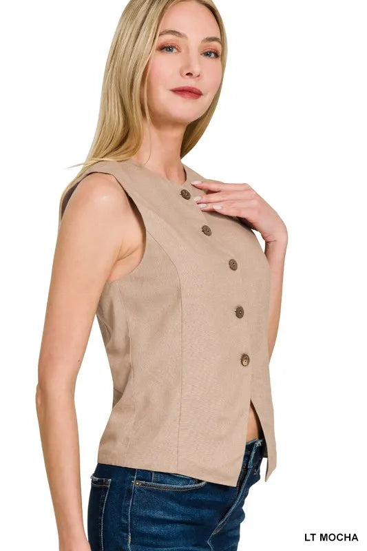 Damen Leinen Weste mit Knopfleiste 2