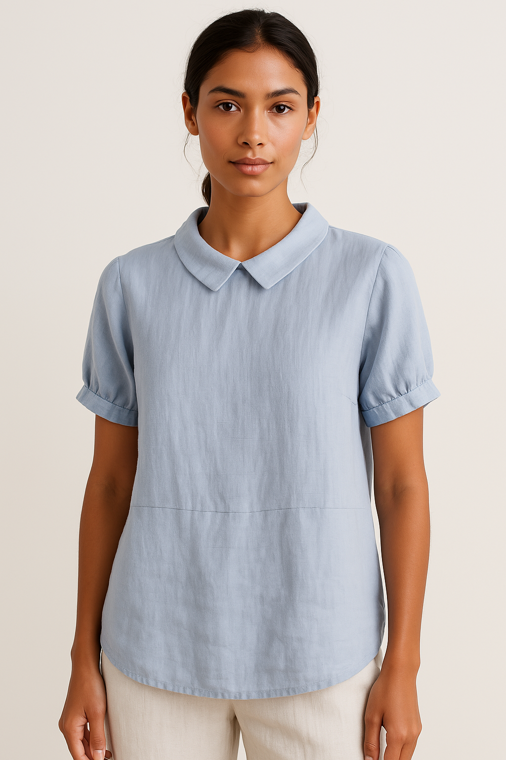 Damen Leinenbluse Kurzarm Bubikragen 1
