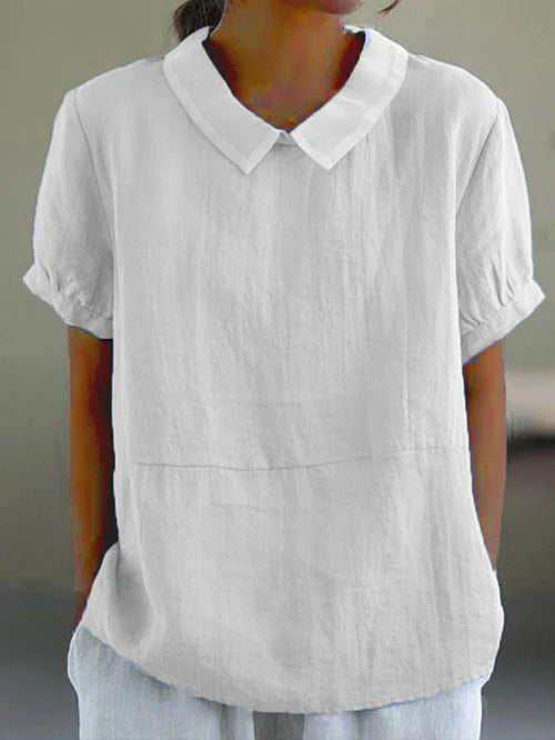 Damen Leinenbluse Kurzarm Bubikragen 2