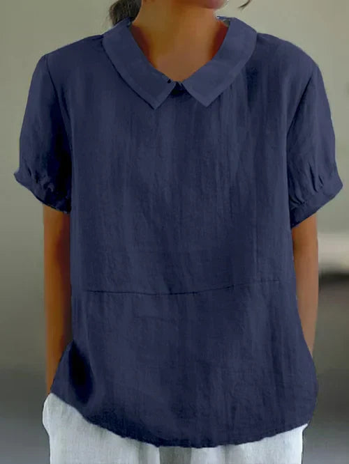 Damen Leinenbluse Kurzarm Bubikragen 4