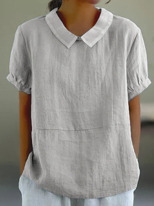 Damen Leinenbluse Kurzarm Bubikragen 5