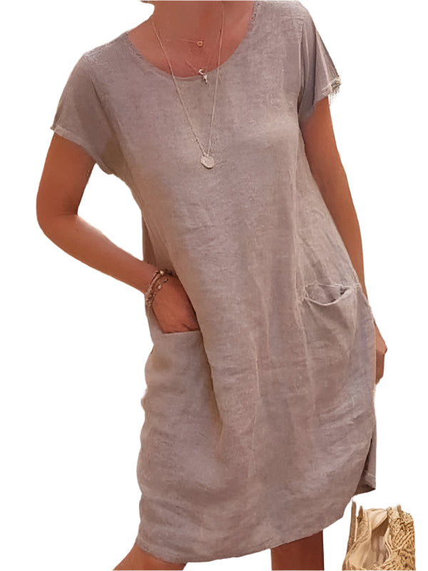 Damen Leinenkleid mit Rundhalsausschnitt und kurzen Ärmeln in einfarbig 0