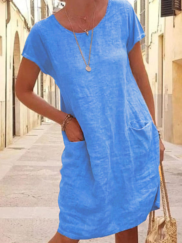 Damen Leinenkleid mit Rundhalsausschnitt und kurzen Ärmeln in einfarbig 1