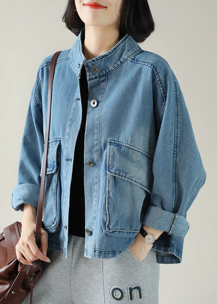 Damen Mantel Jeansstil mit Stehkragen und großen Taschen für Alltag und besondere Anlässe 0