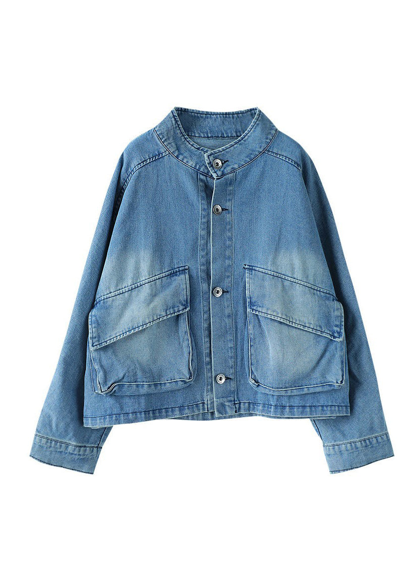 Damen Mantel Jeansstil mit Stehkragen und großen Taschen für Alltag und besondere Anlässe 4