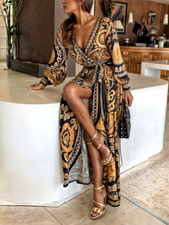 Damen Maxi Kleid Bohemian mit hohem Schlitz und goldenen Akzenten 3