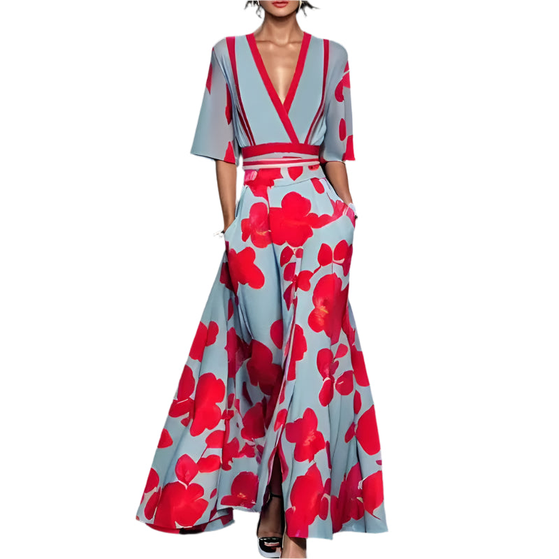 Damen Maxi Kleid Floral Druck A-Linie V-Ausschnitt 3/4 Ärmel Hochwertiger Stoff 0