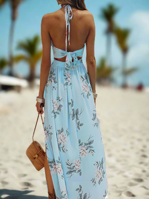Damen Maxi Kleid Halter V-Ausschnitt Chiffon Print Boho Stil 8
