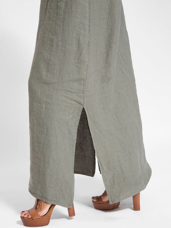 Damen Maxi Kleid Halter mit Seitenschlitz aus Baumwoll-Leinen-Mischung 3