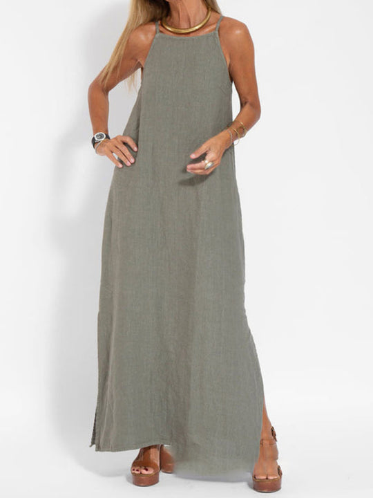 Damen Maxi Kleid Halter mit Seitenschlitz aus Baumwoll-Leinen-Mischung 4