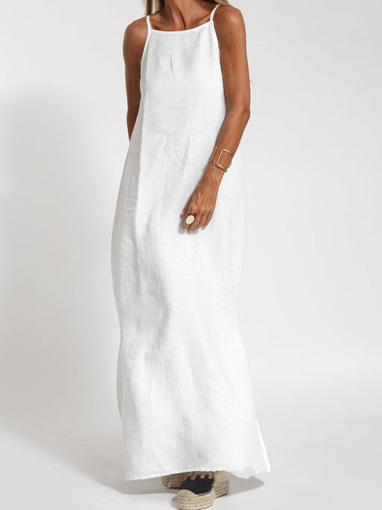 Damen Maxi Kleid Halter mit Seitenschlitz aus Baumwoll-Leinen-Mischung 6