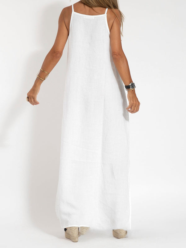 Damen Maxi Kleid Halter mit Seitenschlitz aus Baumwoll-Leinen-Mischung 8