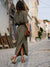 Damen Maxi Kleid Langarm Hemdblusenkleid Polyester für Sommer und Abend 4