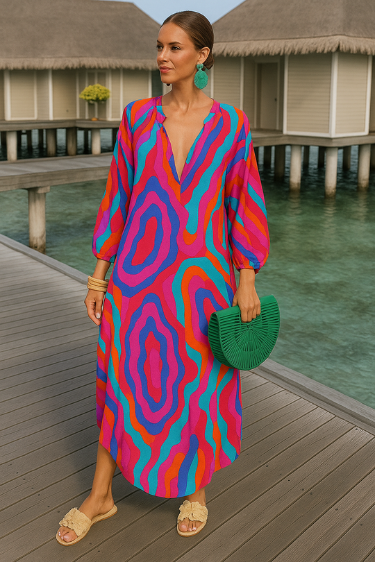 Damen Maxi Kleid Mit Tiefer V-Hals Und Verspielt-Muster 1