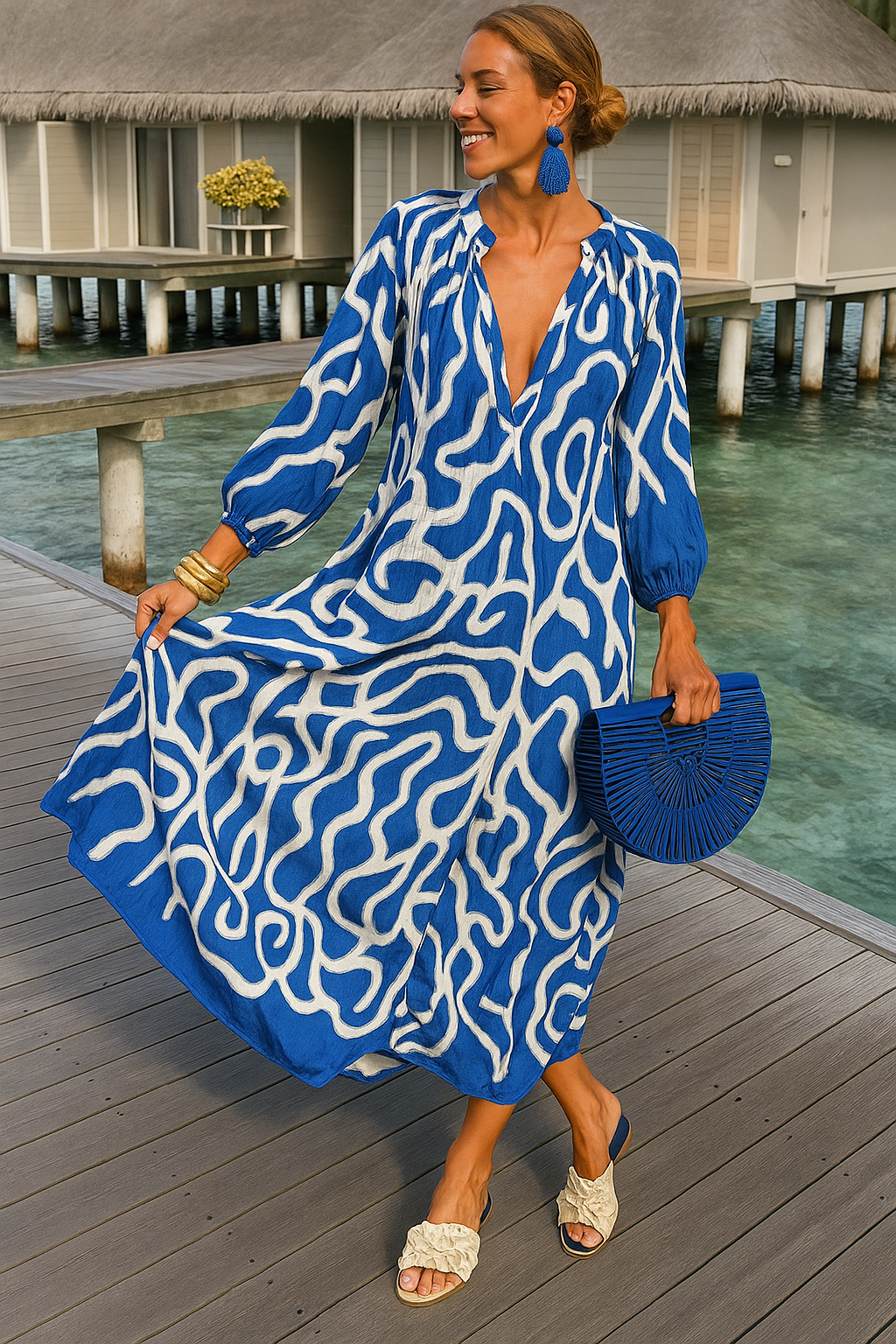 Damen Maxi Kleid Mit Tiefer V-Hals Und Verspielt-Muster 2