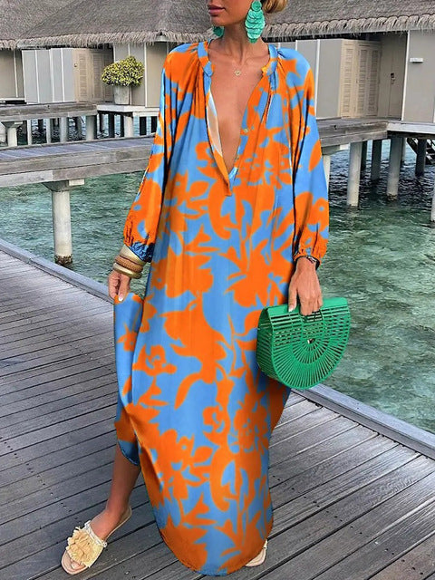 Damen Maxi Kleid Mit Tiefer V-Hals Und Verspielt-Muster 3