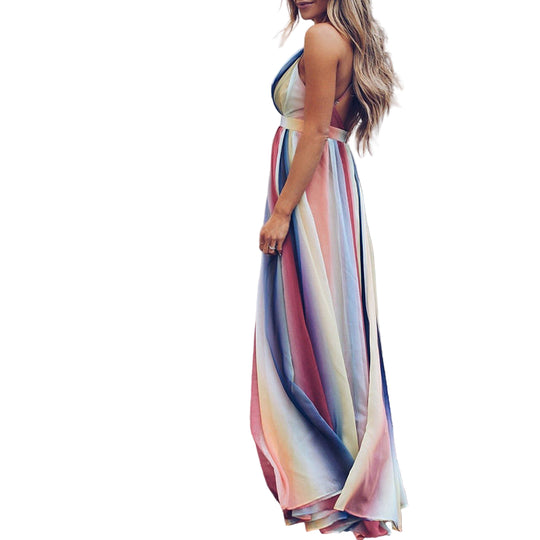 Damen Maxi Kleid V-Ausschnitt Mehrfarbig Gestreift 0