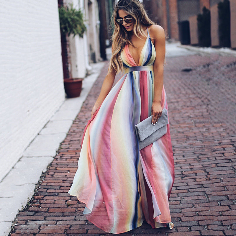 Damen Maxi Kleid V-Ausschnitt Mehrfarbig Gestreift 4