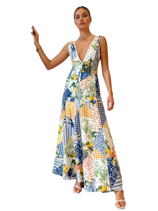 Damen Maxi Kleid V-Ausschnitt Patchwork Baumwollmischung 0