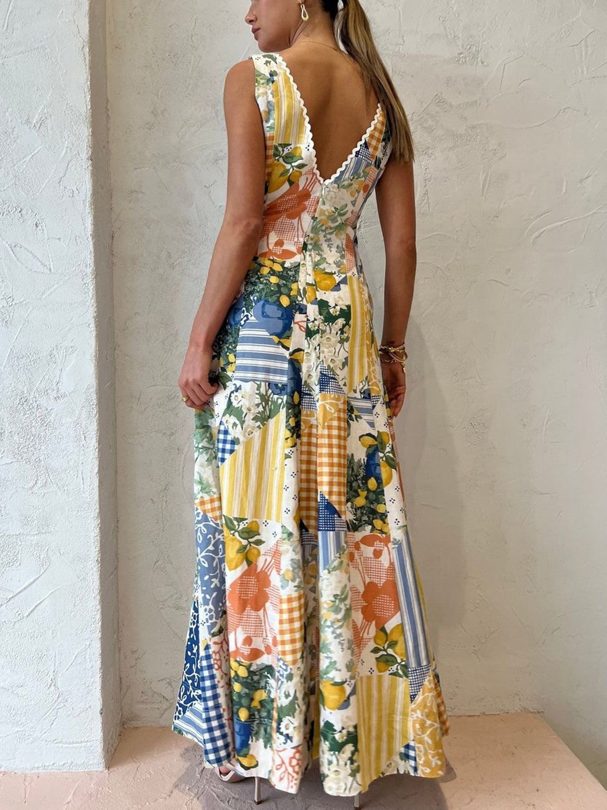 Damen Maxi Kleid V-Ausschnitt Patchwork Baumwollmischung 3