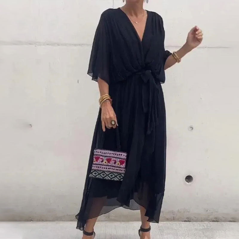 Damen Maxi Kleid V-Ausschnitt Plus-Size Mit Taillengürtel Atmungsaktive Stoffe 1