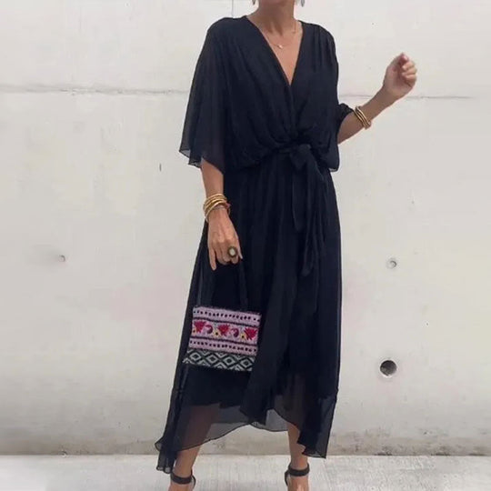 Damen Maxi Kleid V-Ausschnitt Plus-Size Mit Taillengürtel Atmungsaktive Stoffe 1