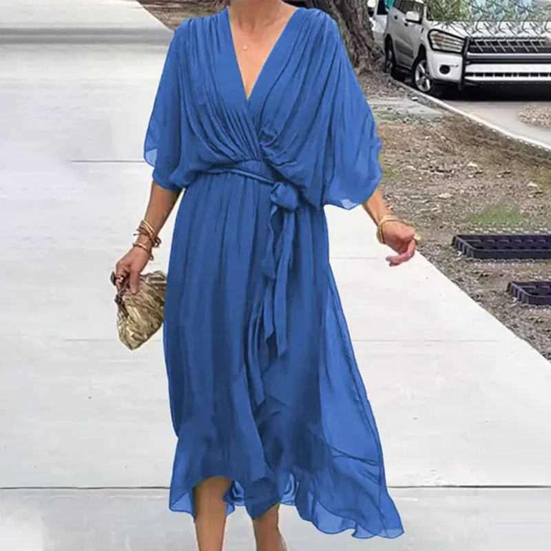 Damen Maxi Kleid V-Ausschnitt Plus-Size Mit Taillengürtel Atmungsaktive Stoffe 2