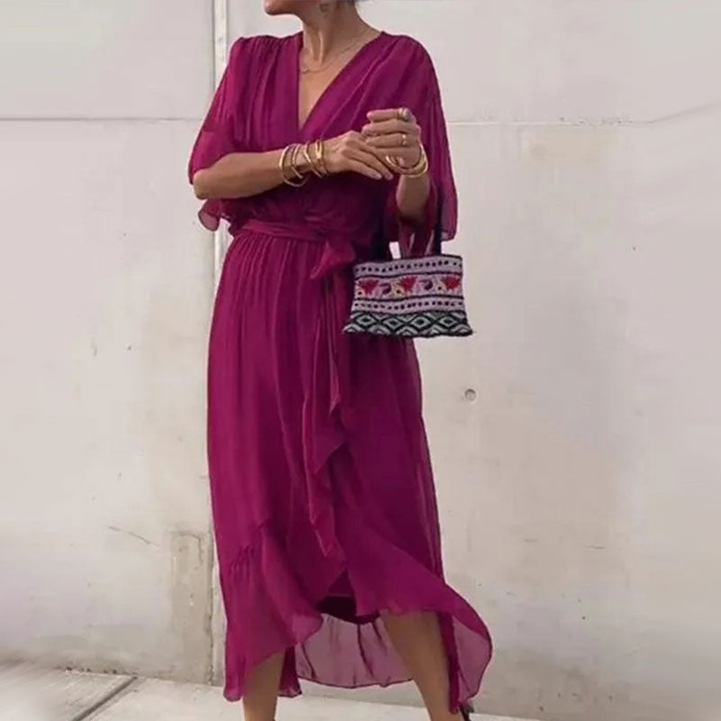 Damen Maxi Kleid V-Ausschnitt Plus-Size Mit Taillengürtel Atmungsaktive Stoffe 3