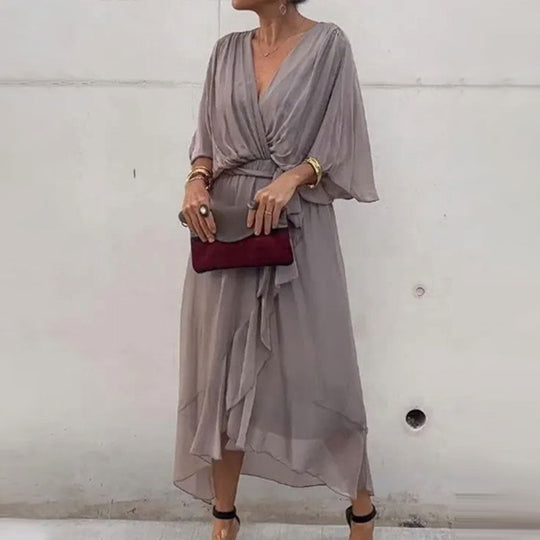 Damen Maxi Kleid V-Ausschnitt Plus-Size Mit Taillengürtel Atmungsaktive Stoffe 4