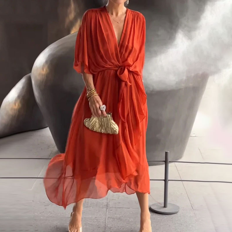 Damen Maxi Kleid V-Ausschnitt Plus-Size Mit Taillengürtel Atmungsaktive Stoffe 5