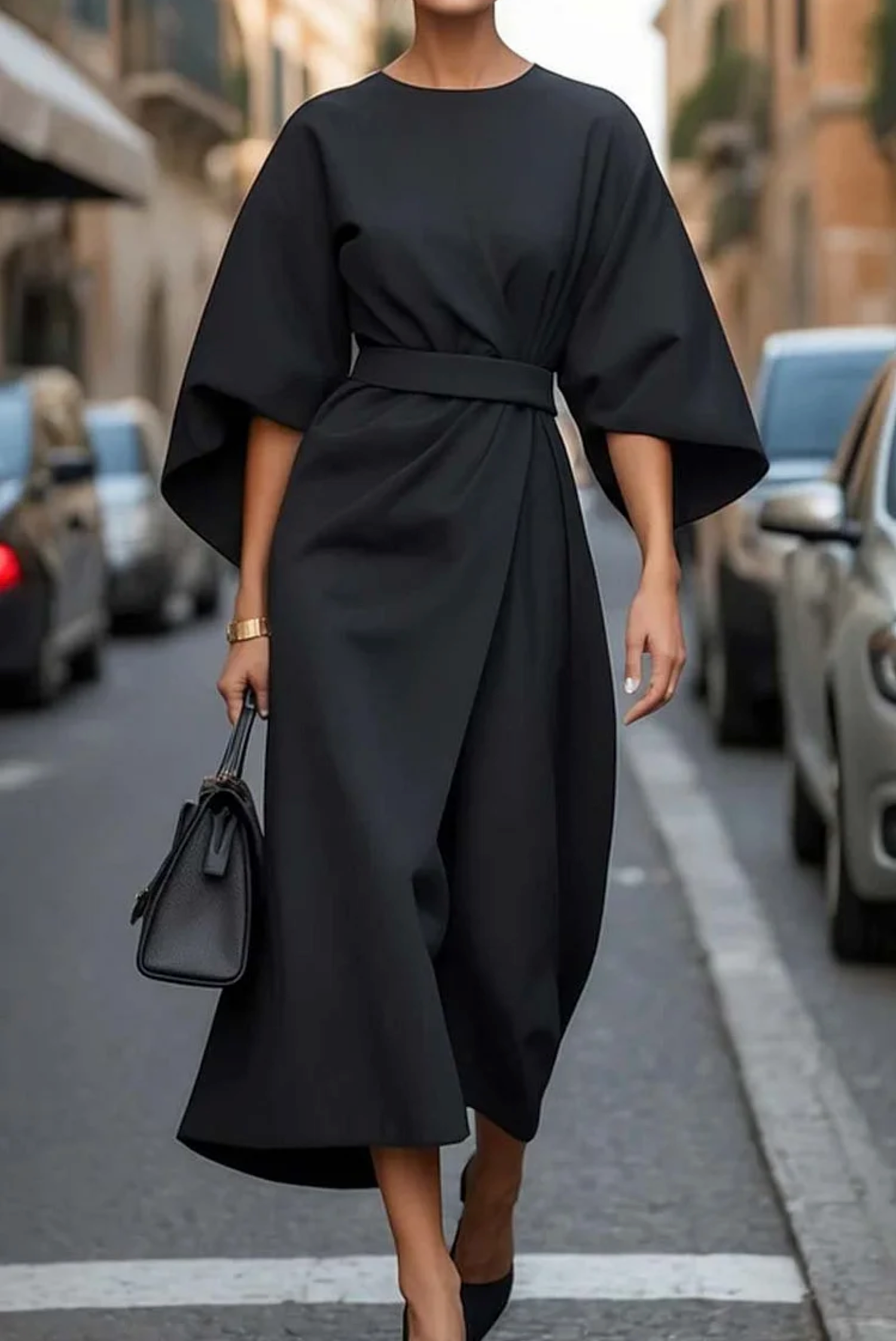 Damen Maxi Kleid mit Gürtel und fließendem Schnitt 2
