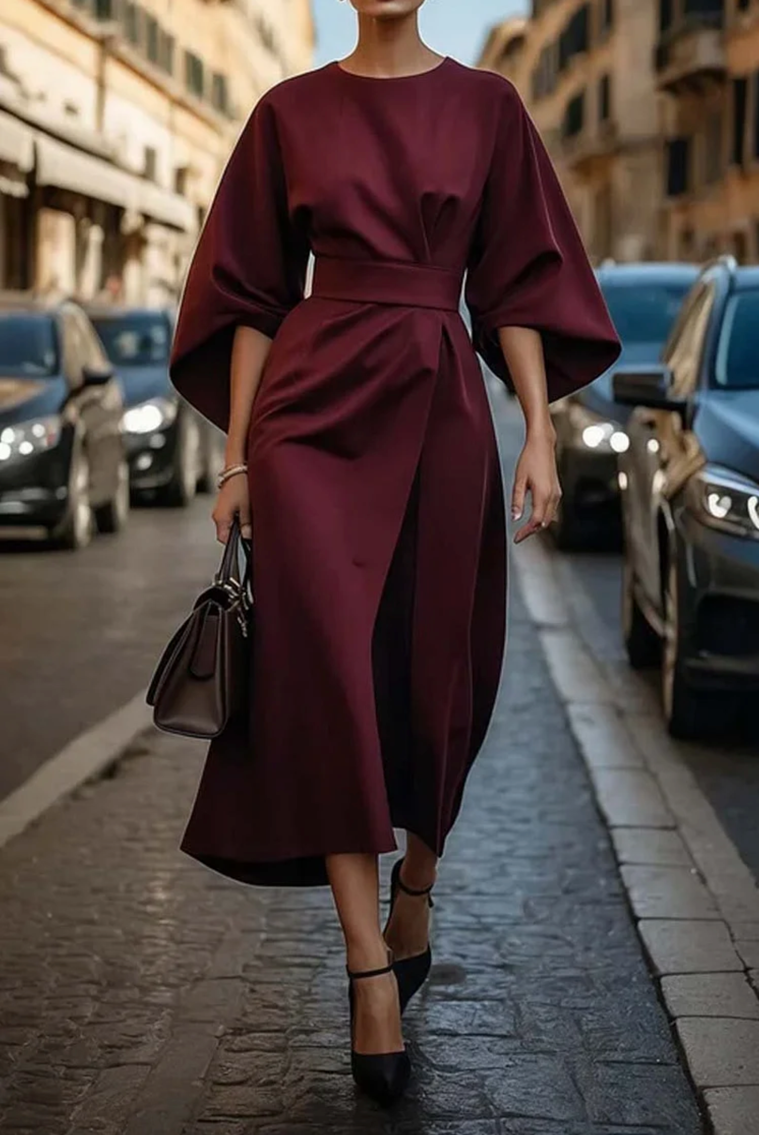 Damen Maxi Kleid mit Gürtel und fließendem Schnitt 3