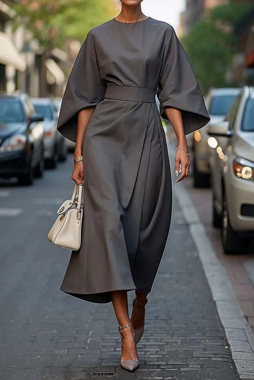 Damen Maxi Kleid mit Gürtel und fließendem Schnitt 4