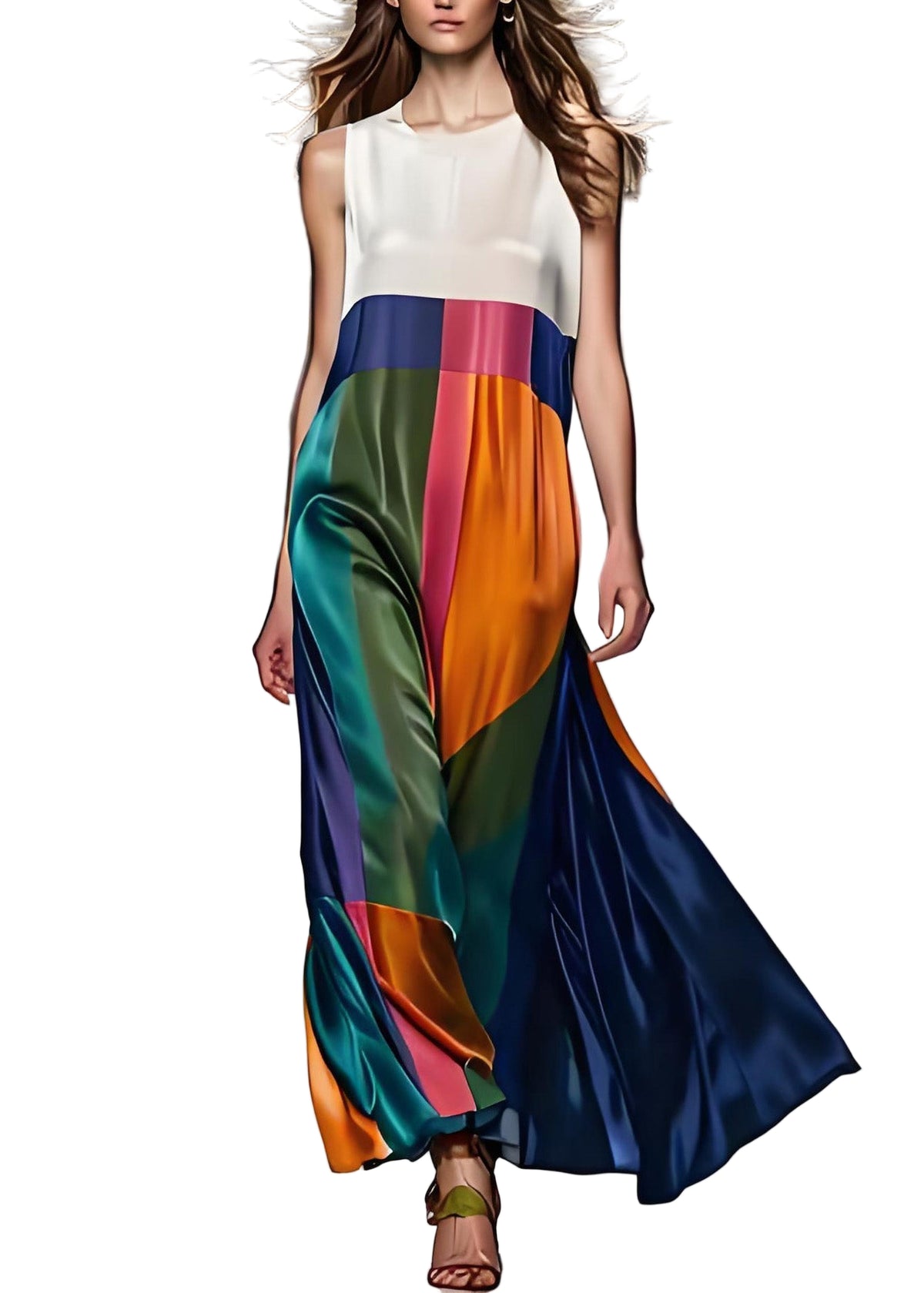 Damen Maxikleid Boho Colorblock O-Ausschnitt 0