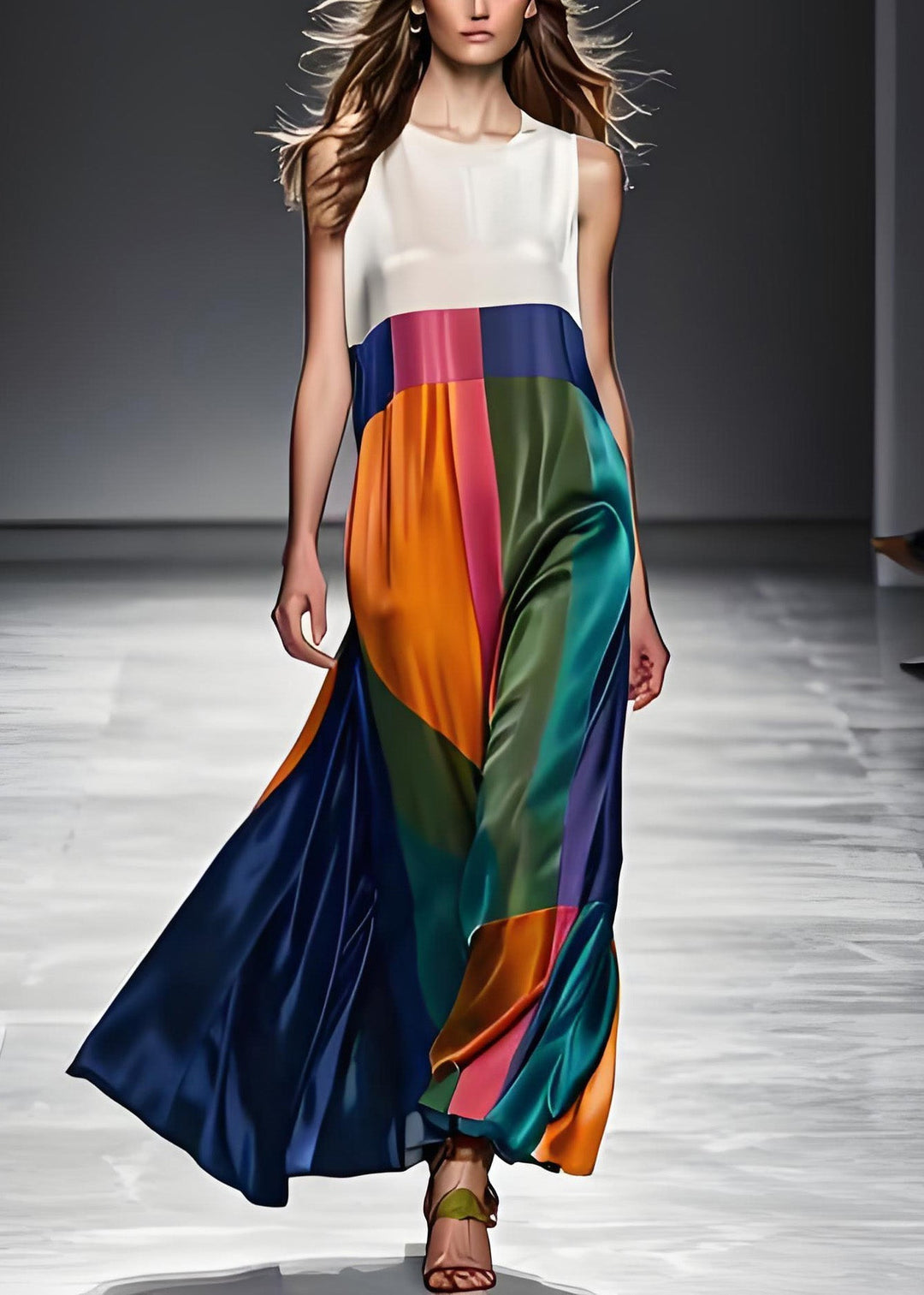 Damen Maxikleid Boho Colorblock O-Ausschnitt 1