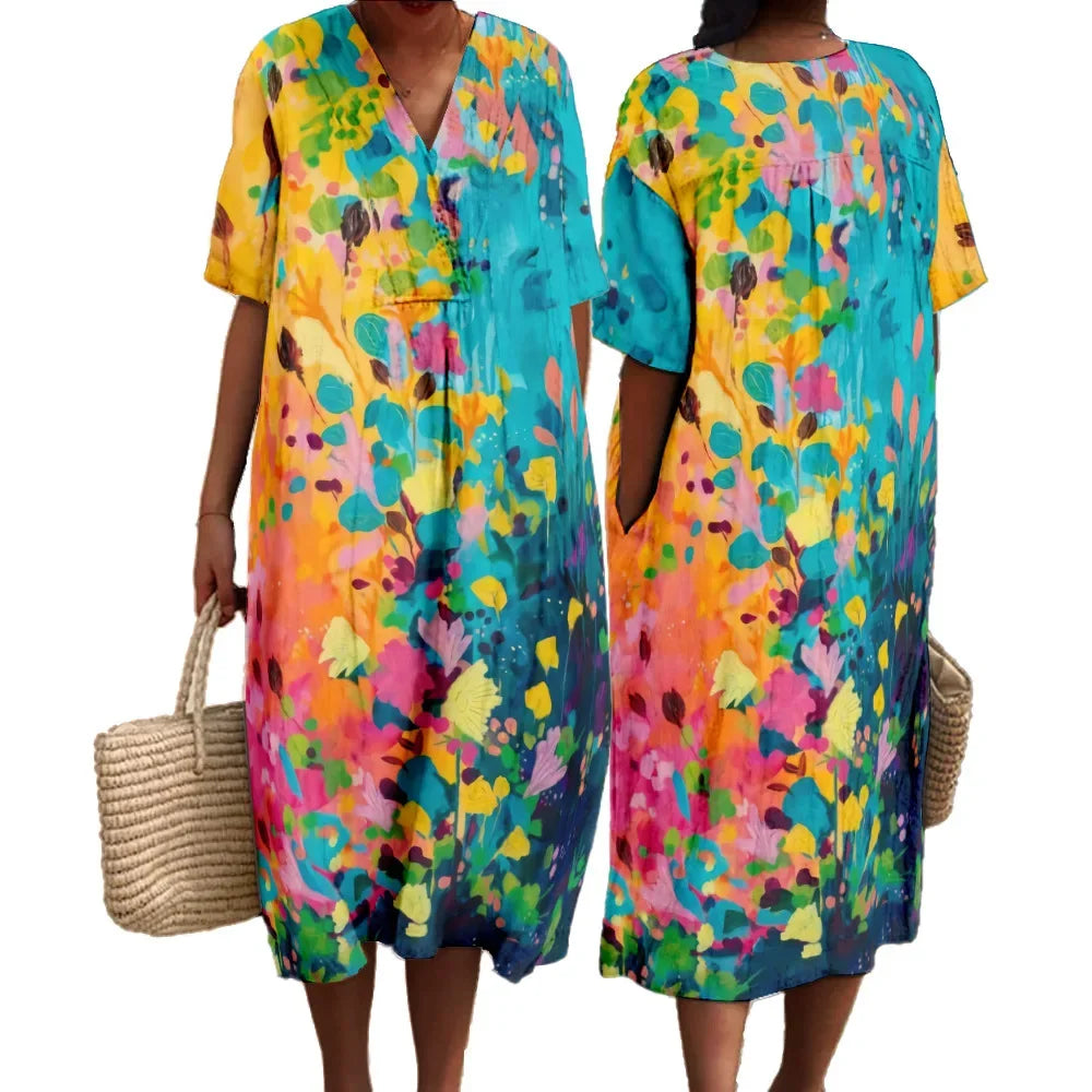 Damen Maxikleid Drapiert V-Ausschnitt Kurzarm aus Fließendem Stoff für Sommeranlässe 2