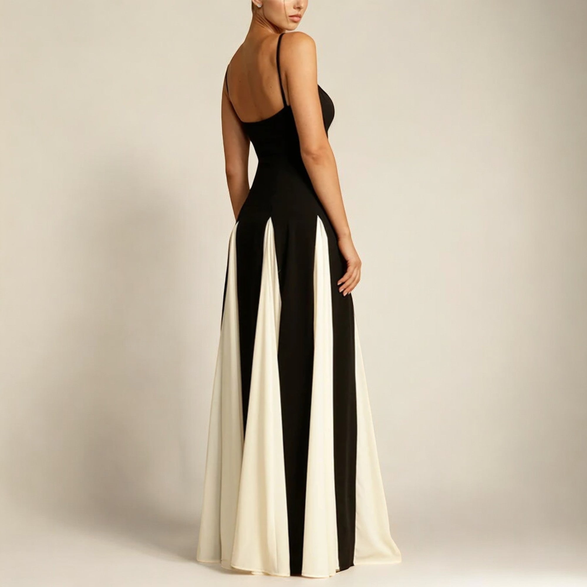 Damen Maxikleid Festlich Fließend Schwarz-Weiß Kontrast 4