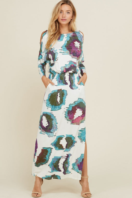 Damen Maxikleid Langarm Offene Schultern Strickstoff mit Seitenschlitzen 1