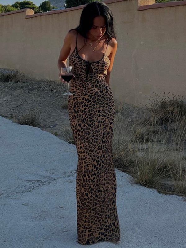 Damen Maxikleid Leopard Druck Halterneck Sommer Lange Kleider 1