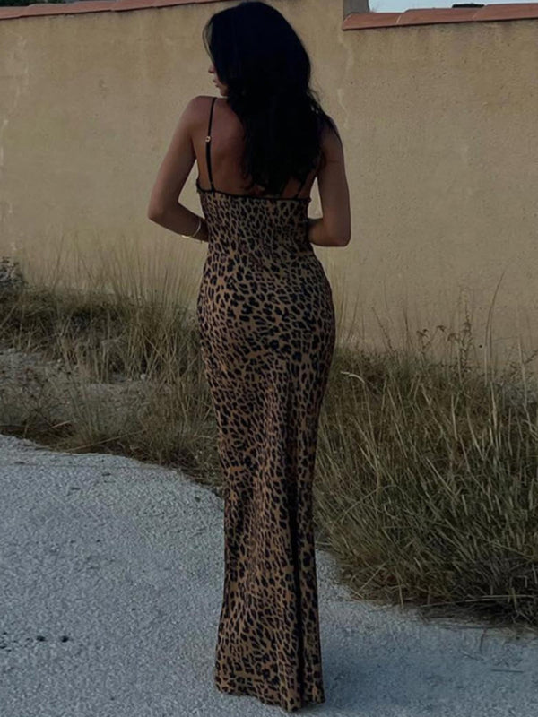 Damen Maxikleid Leopard Druck Halterneck Sommer Lange Kleider 2