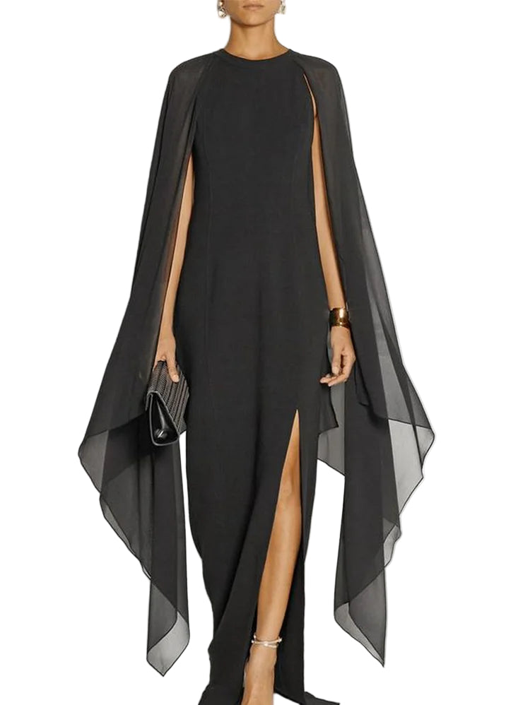 Damen Maxikleid mit geteiltem Saum und Umhangärmeln 0