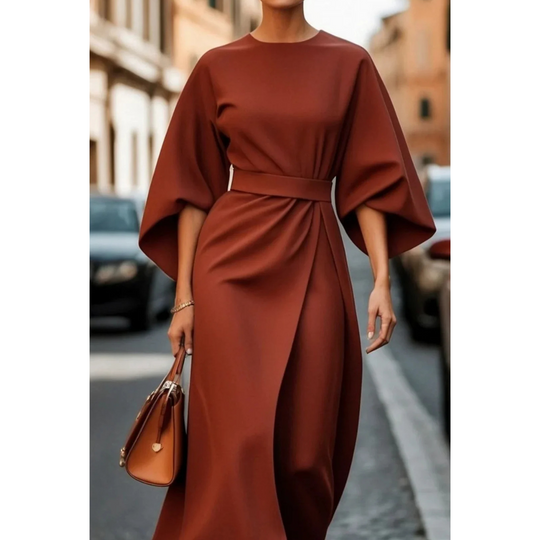 Damen Midi-Jurk mit Lantaarnmouwen und Taillengürtel 5