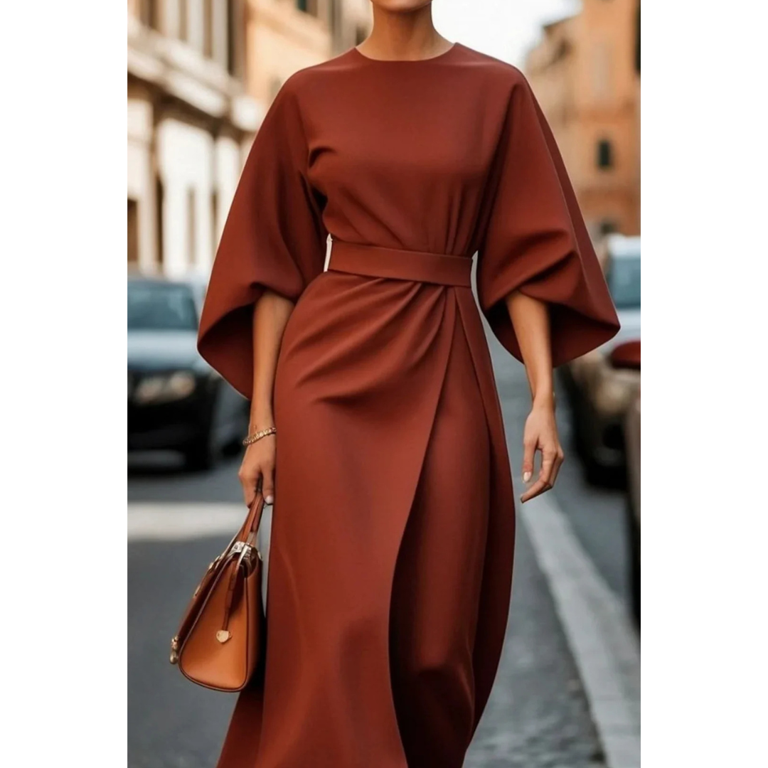 Damen Midi-Jurk mit Lantaarnmouwen und Taillengürtel 5