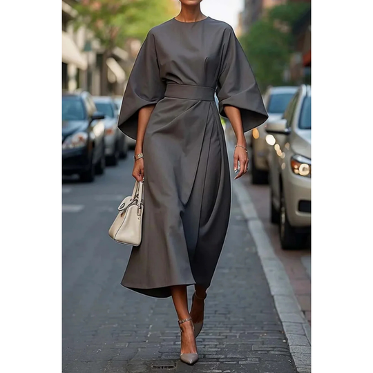 Damen Midi-Jurk mit Lantaarnmouwen und Taillengürtel 9