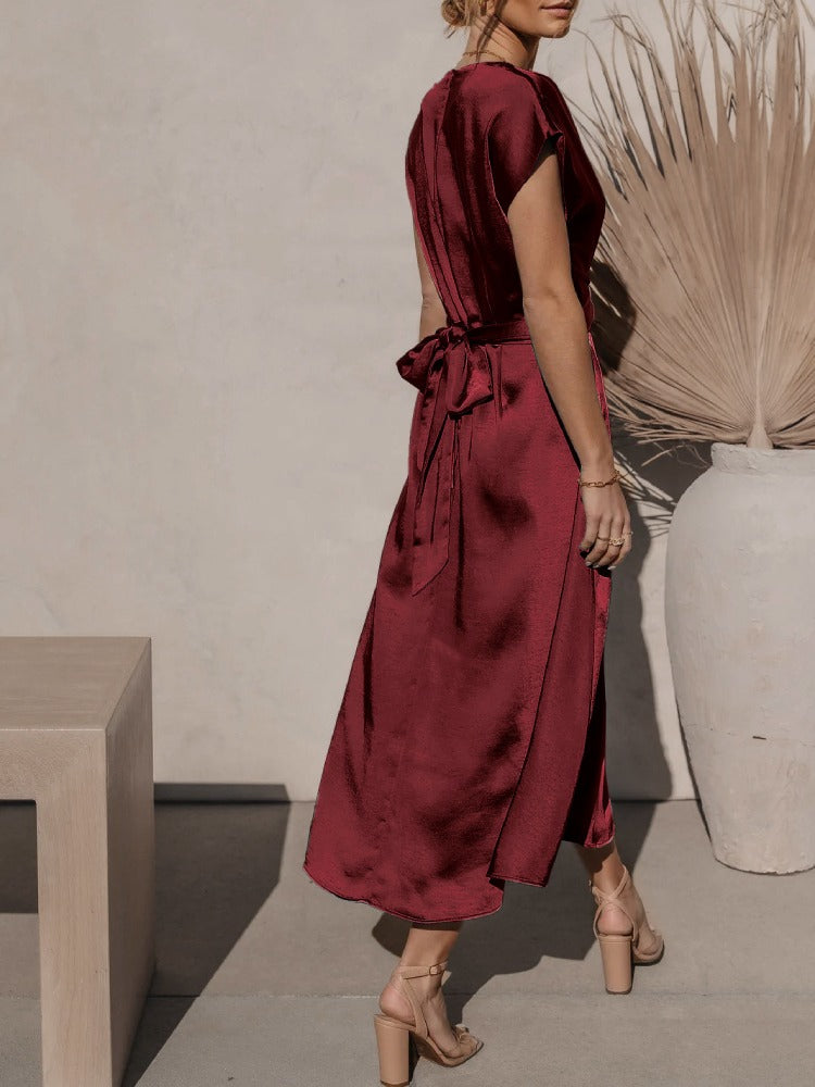 Damen Midi Abendkleid mit Gelaunten Ärmeln und Diagonalem Schnitt 8