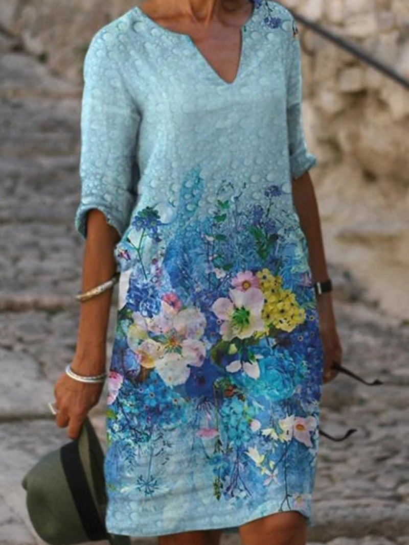 Damen Midi Kleid Blumenmuster Bequem Atmungsaktiv 2