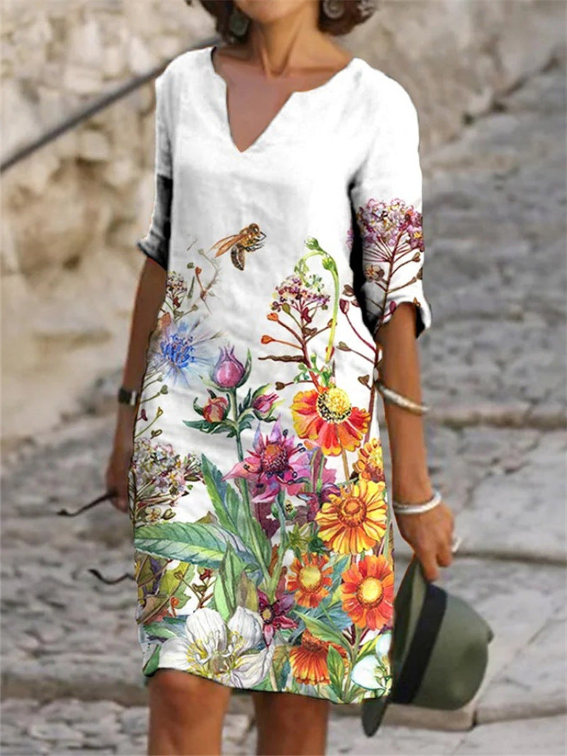 Damen Midi Kleid Blumenmuster Bequem Atmungsaktiv 4