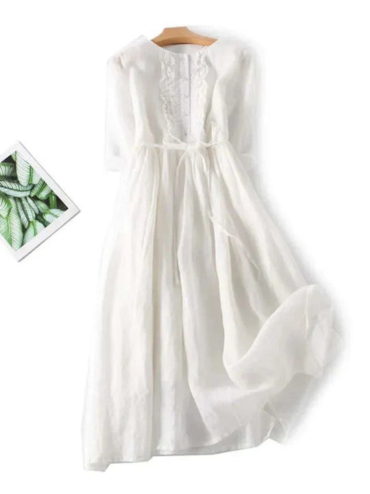 Damen Midi Kleid Bohemian Stil Leinen mit Rüschendetails 2