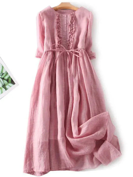 Damen Midi Kleid Bohemian Stil Leinen mit Rüschendetails 3